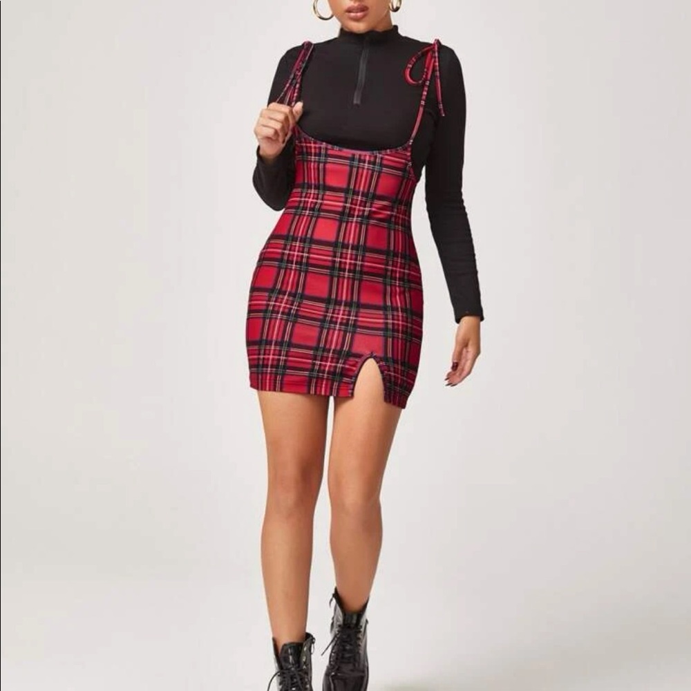 Red overall dress